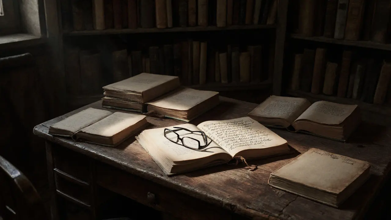 A dusty wooden desk in a book-filled room, with an open 1920s poetry journal bearing handwritten notes from a soldier.