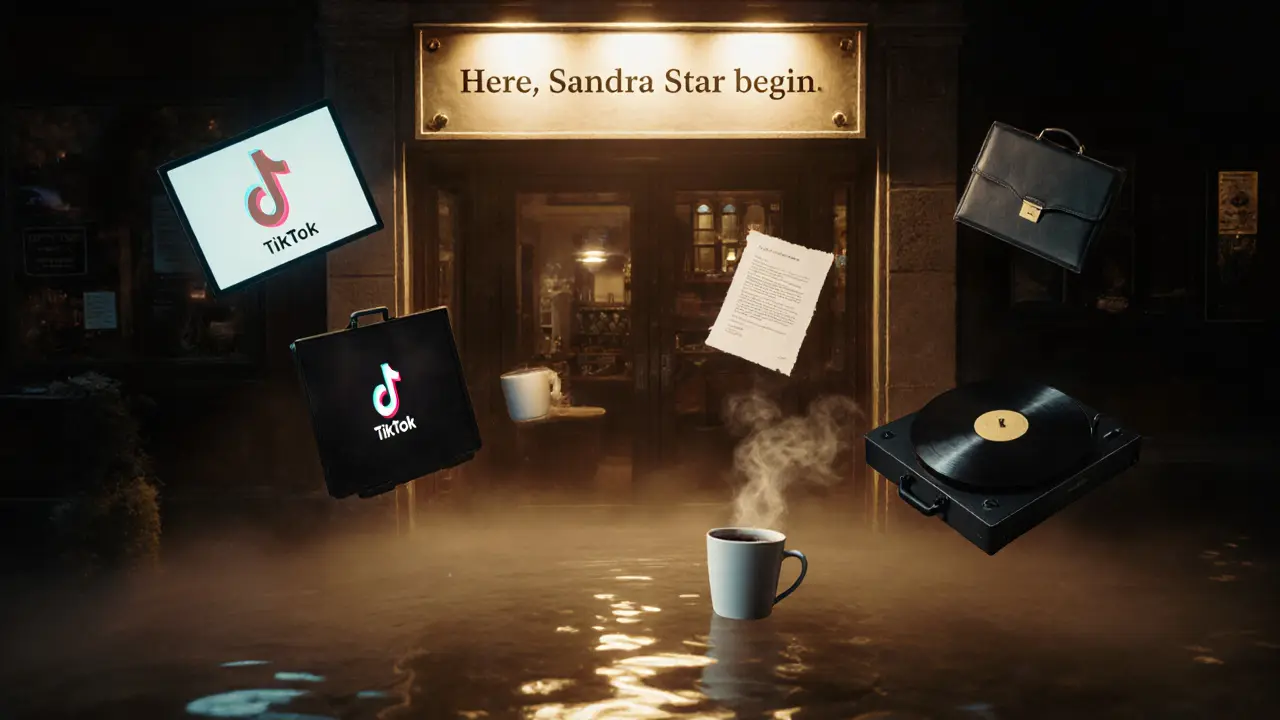 A glowing plaque hovers above a jazz bar, surrounded by floating symbols of Sandra's journey.