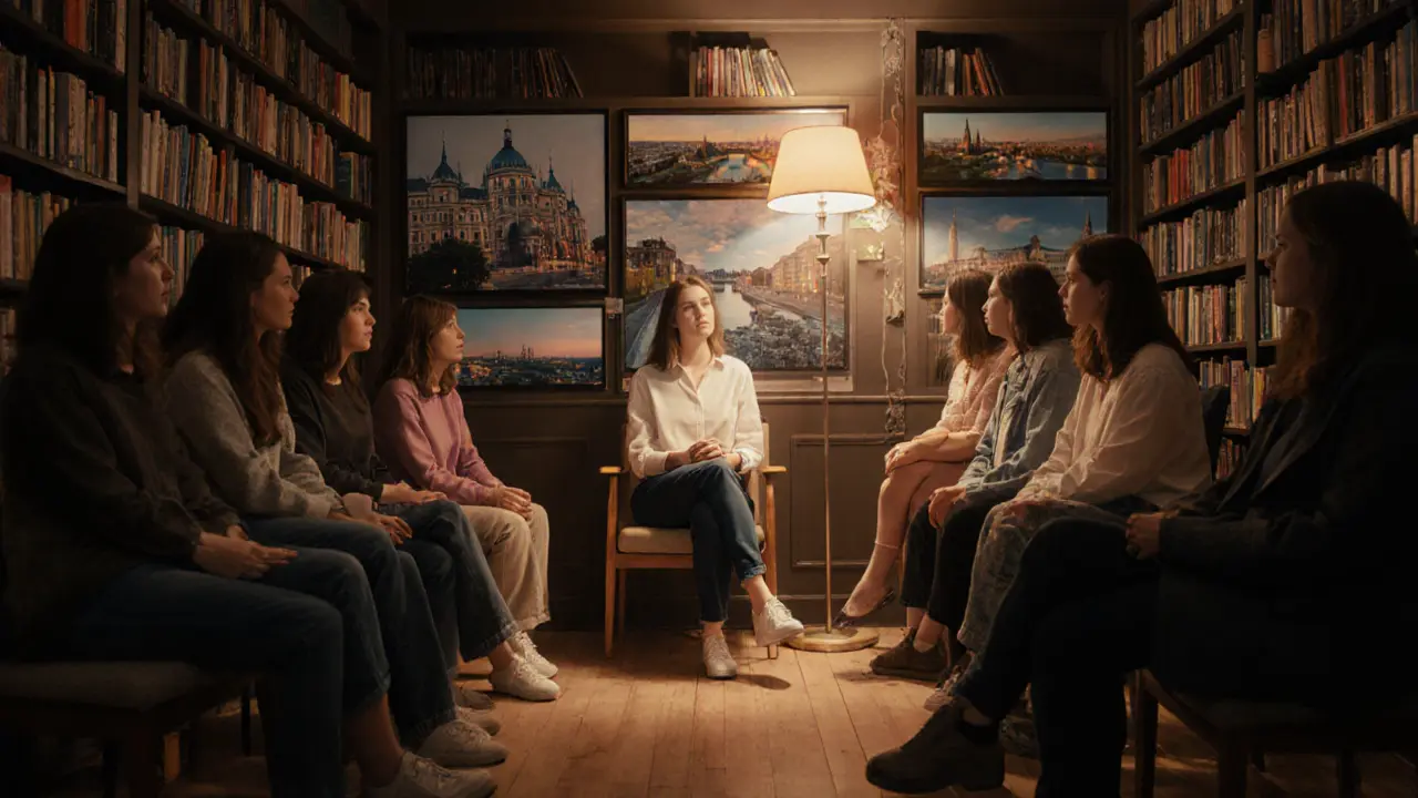 A mentorship session in a cozy Munich bookstore room, young women listen as Katja’s influence lingers in the space.
