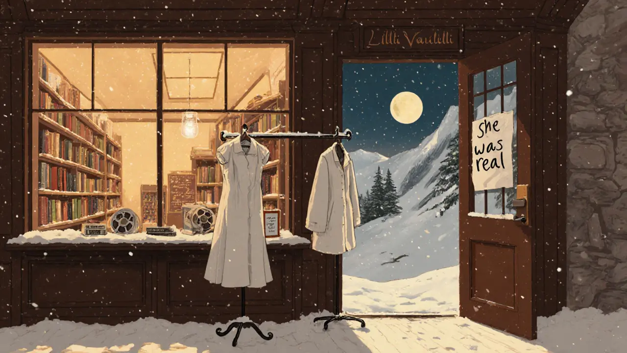 A quiet Alpine bookstore with a white dress on a rack and film reels on the shelf, snow falling outside.