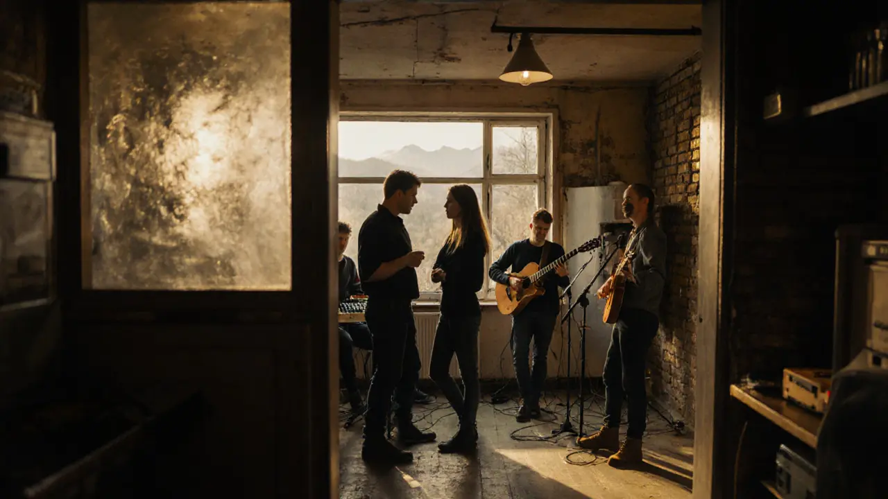 A quiet basement music session behind a laundromat, with musicians playing experimental sounds.