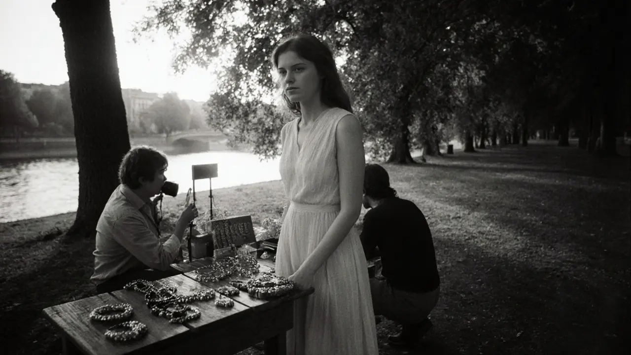 A quiet black-and-white photoshoot in Englischer Garten, a woman sells jewelry as a photographer captures her naturally.