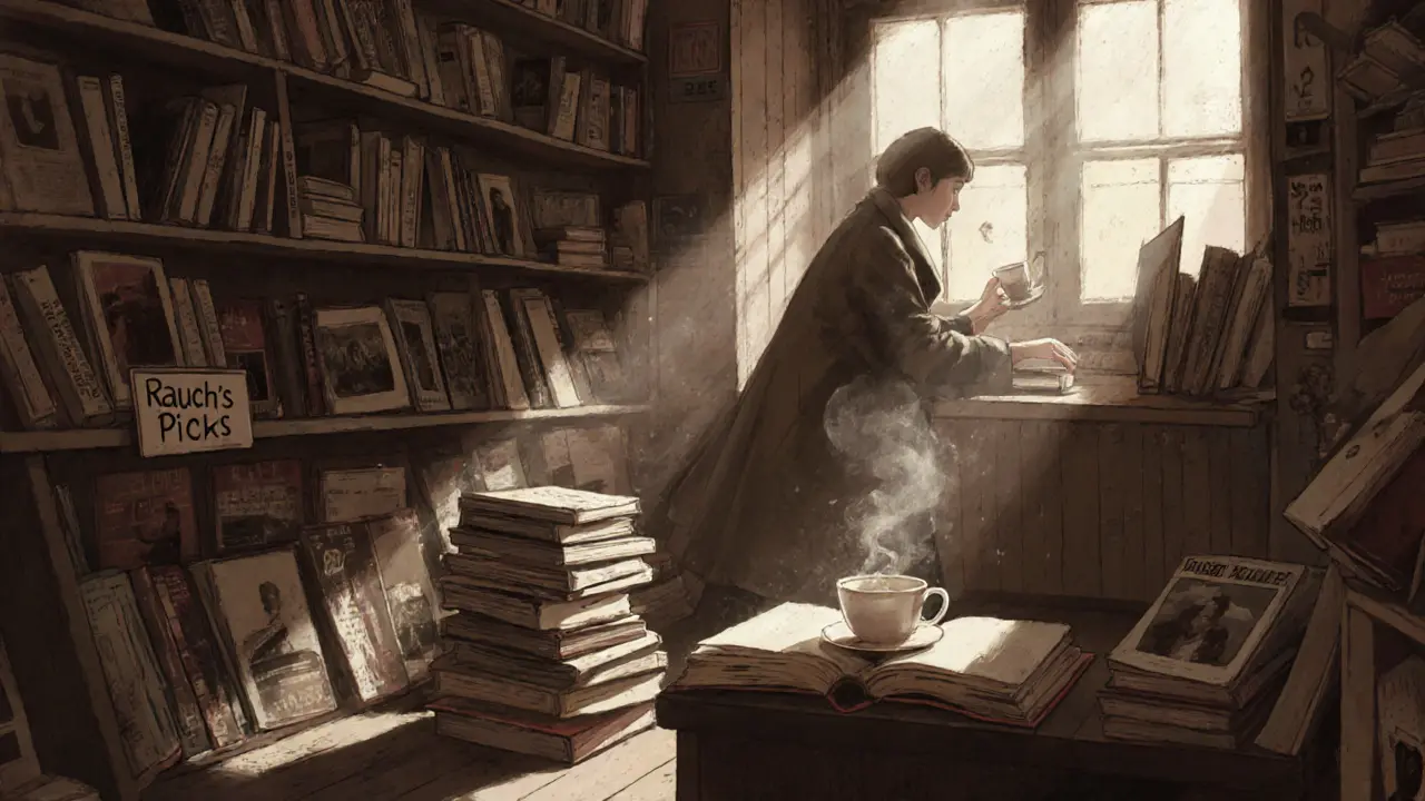 A quiet bookstore shelf filled with vintage books, a woman curating a special corner with zines and poetry.