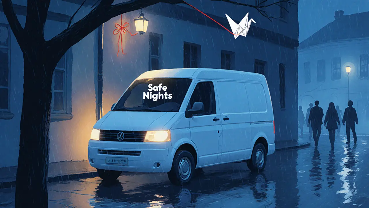 A quiet van with &#039;Safe Nights&#039; faintly visible under a streetlamp in the rain, with a paper crane hanging nearby.