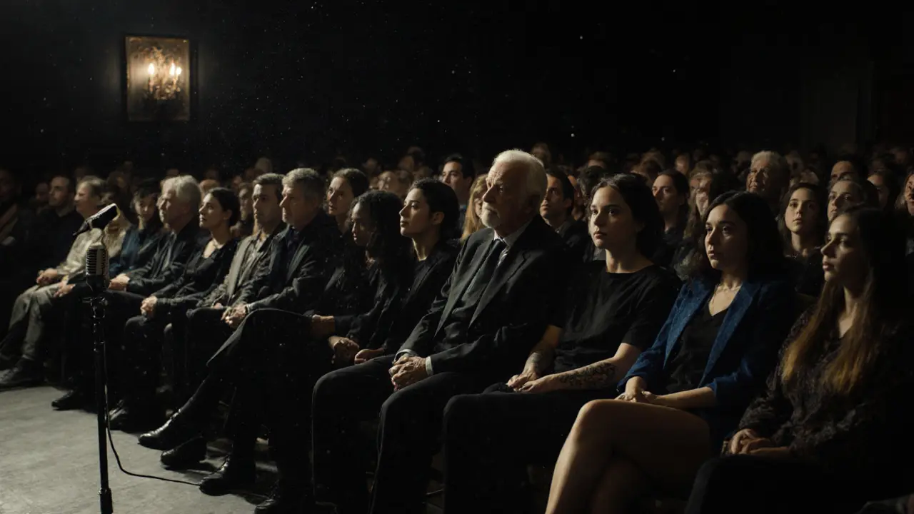 A silent, diverse audience in a dimly lit room, all gazing at an empty stage with emotional stillness.