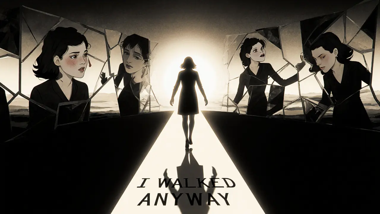 A silhouette of a model walking toward light, her shadow formed from mirrors reflecting her journey of resilience.