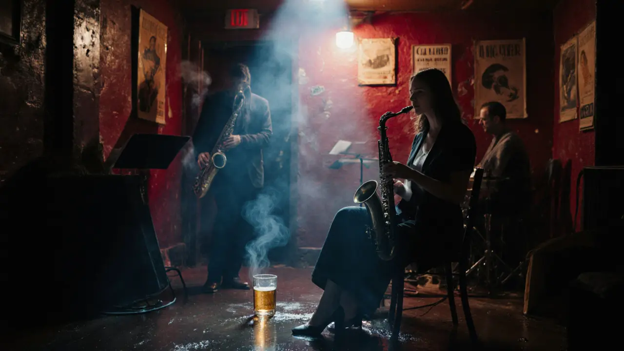 A woman listens intently to a jazz saxophone solo in a dimly lit basement club, beer glass beside her.