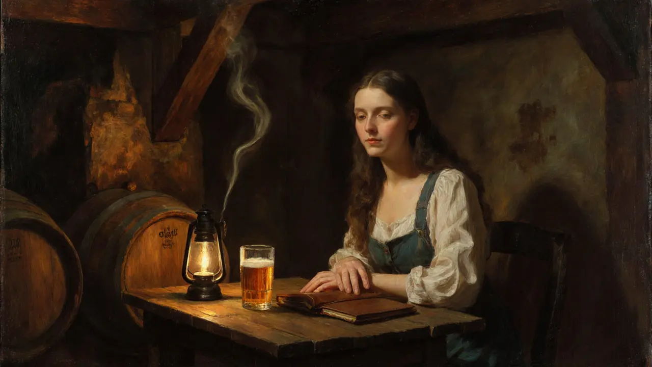 A woman sits alone in an old brewery cellar, lantern light glowing on wooden barrels and smoke-filled air.