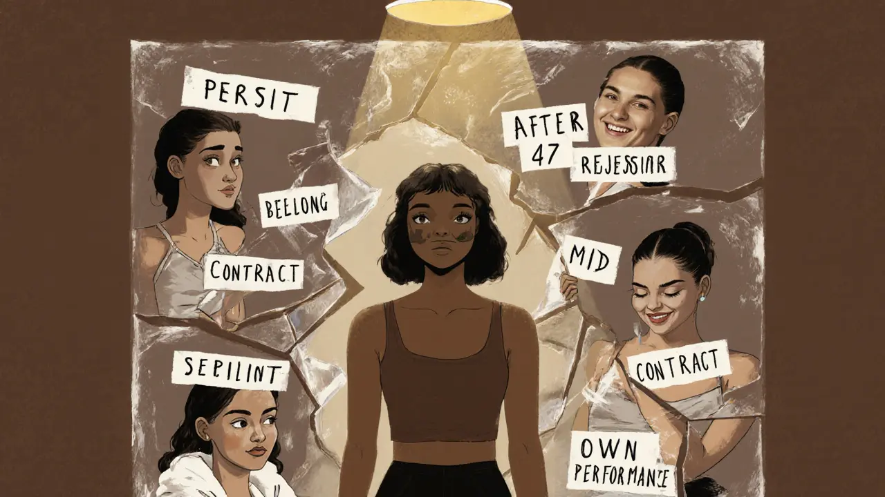 A woman standing before a shattered mirror, each shard showing a different chapter of her journey.