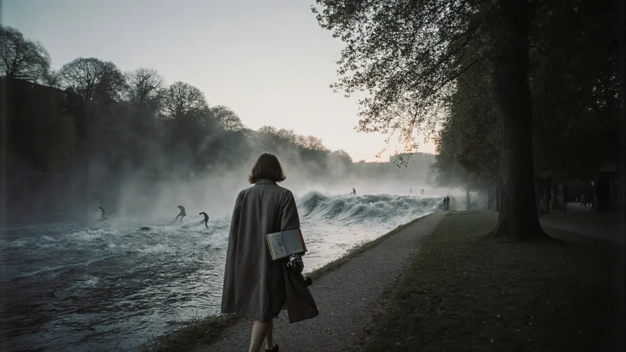 A woman walks through the English Garden at sunrise, camera in hand, mist rising as surfers ride the river wave.