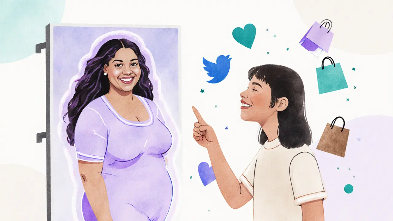 A young girl pointing at a billboard of a curvy model, with glowing curves connecting them, symbolizing self-acceptance and inspiration.