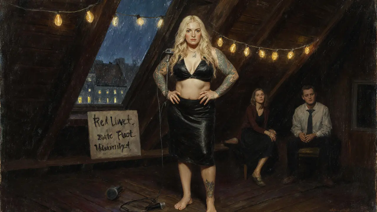 A young performer in a cramped attic room, holding a microphone as three quiet observers watch in 2017.