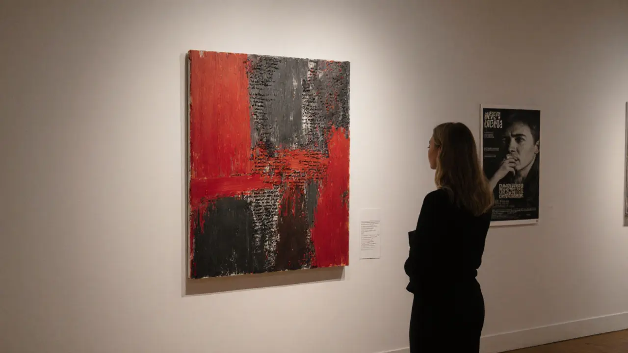 Abstract painting by Cora von Gersdorff with red and black strokes and hidden text, displayed in a quiet gallery.