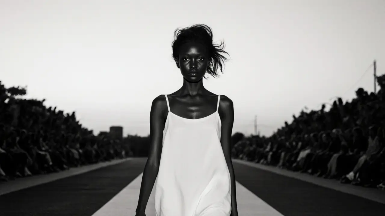 Adut Akech walking alone on an empty runway in black and white, exuding quiet strength.