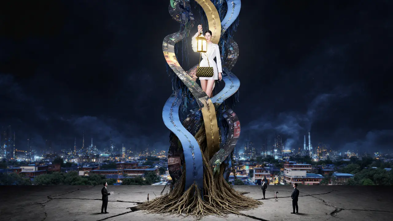 An abstract sculpture of fashion and social impact glows with light, representing supermodels as cultural architects.