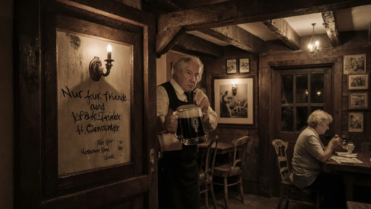 An elderly man pours beer from a traditional tap in a quiet, wood-paneled Bavarian tavern with no signs or tourists.