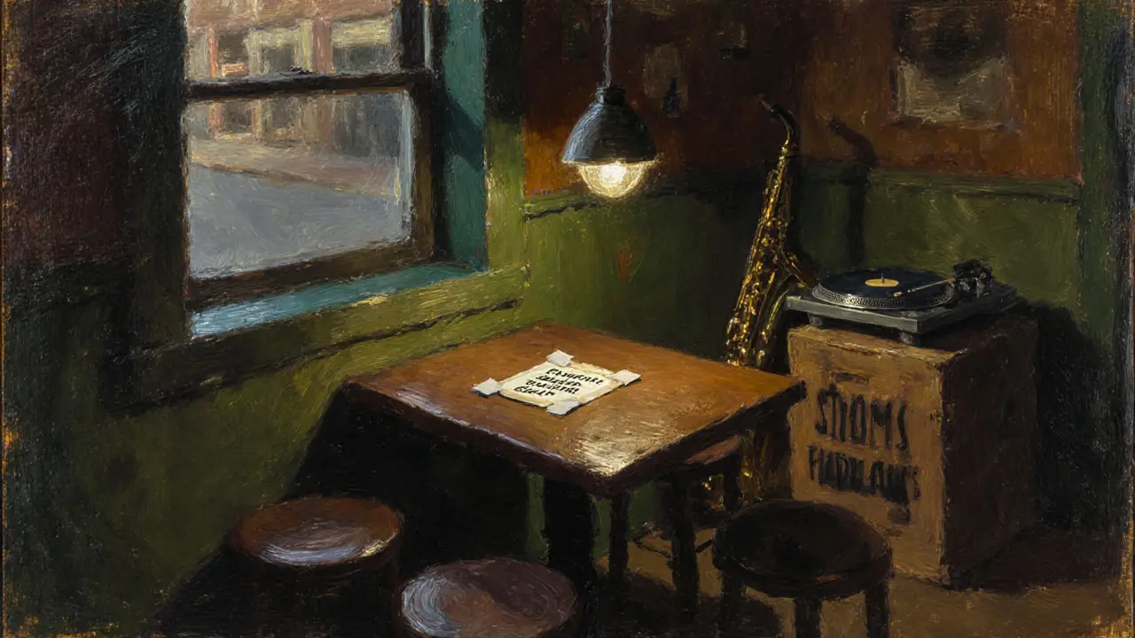 An empty corner table in a basement club with a faded coaster taped underneath, lit by a single lamp.