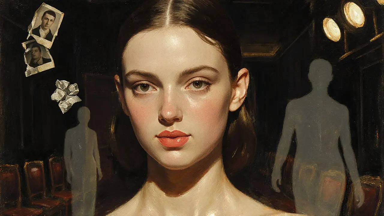 An oil painting of a model’s face mid-walk, with ghostly images of past struggles fading into the background.