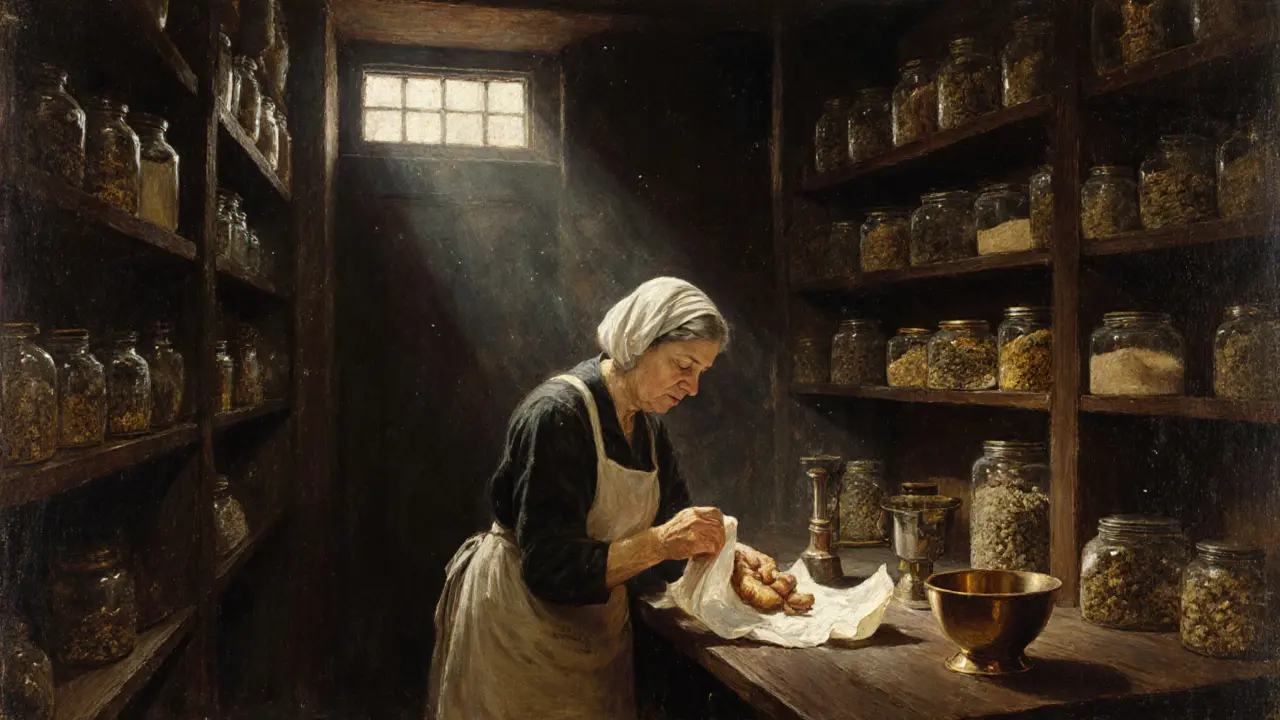 An old apothecary with wooden shelves and glass jars, where a woman wraps ginger in parchment under soft sunlight.