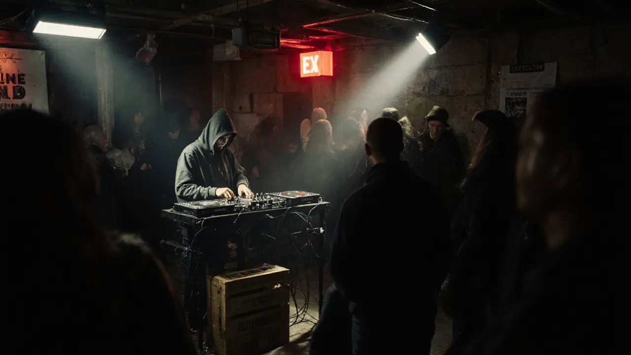 An underground techno warehouse party with pulsing bass and silent, immersed dancers.