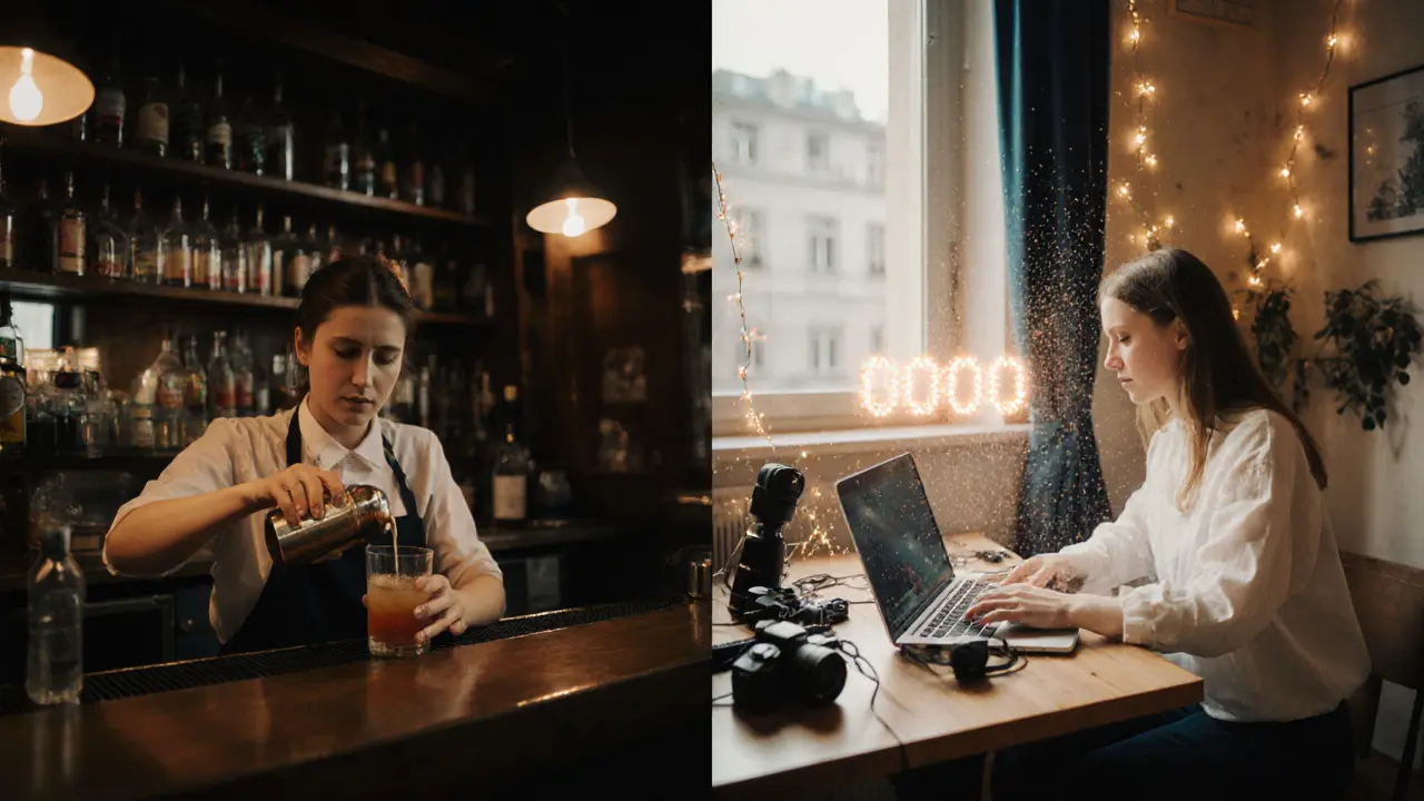 Anny Aurora transitioning from bartender to content creator, split between a dim jazz bar and a sunlit apartment.