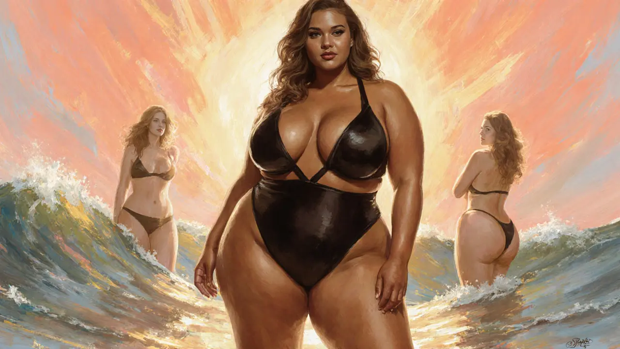 Ashley Graham standing proudly on a magazine cover with sunlight reflecting off her skin, abstract waves and golden tones surrounding her.