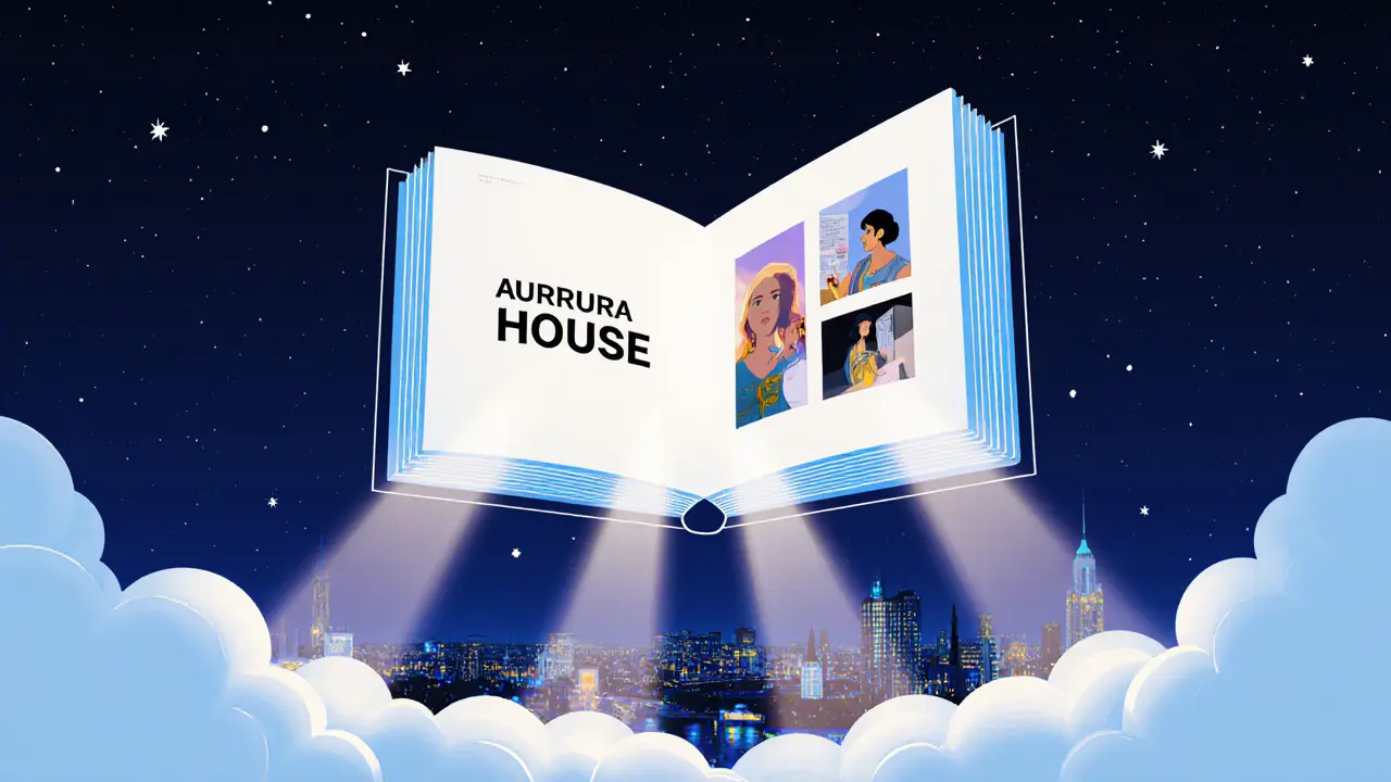 Aurora House as a glowing book-shaped building projecting stories of empowered women across Munich&#039;s night sky.