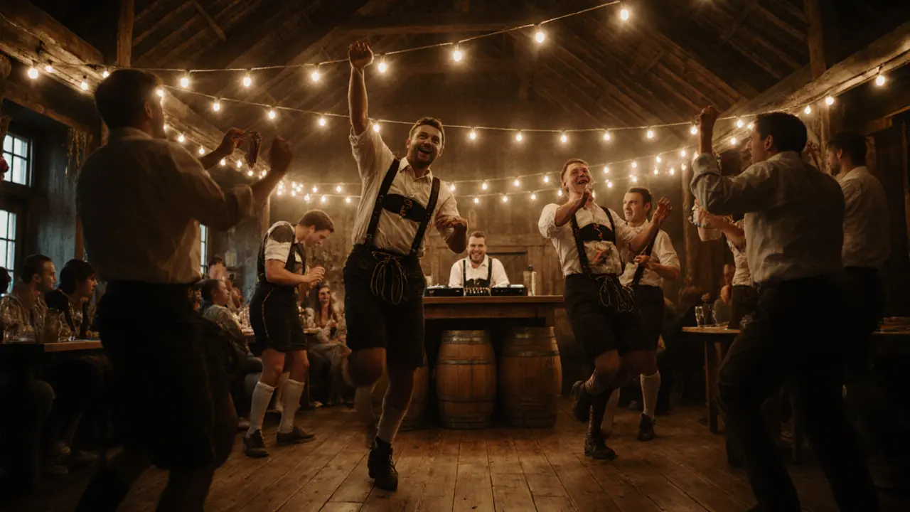 Beer hall turned party space in Munich at midnight, people dancing with lederhosen as a DJ sets up on a wooden stage.