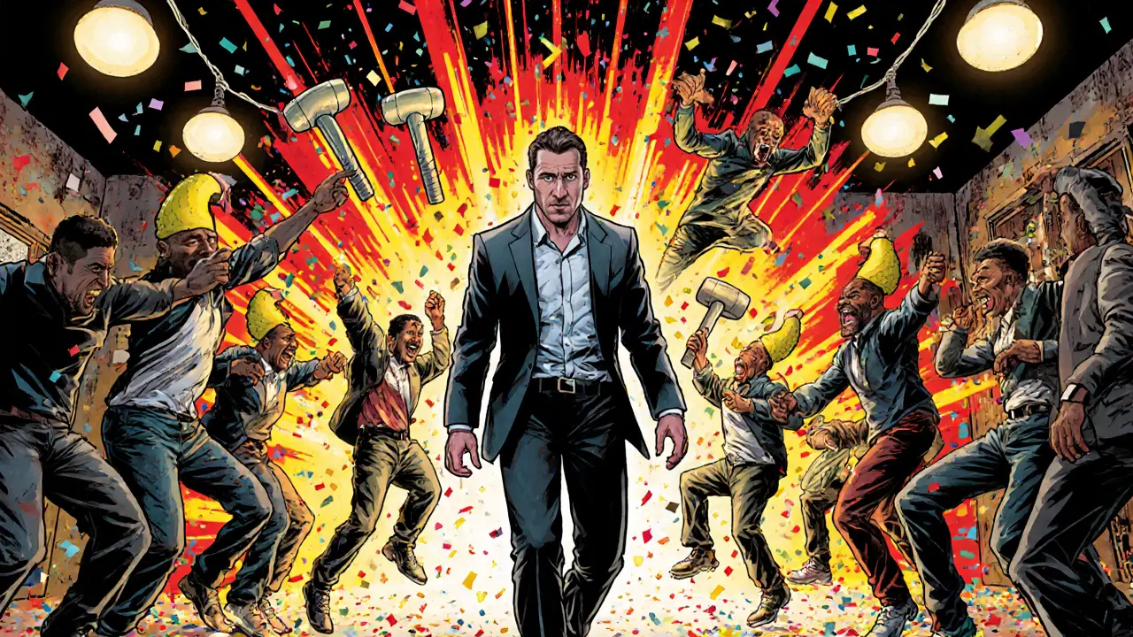 Chaotic Harlem Shake moment with one man frozen while others dance wildly in a bar filled with confetti and inflatable props.