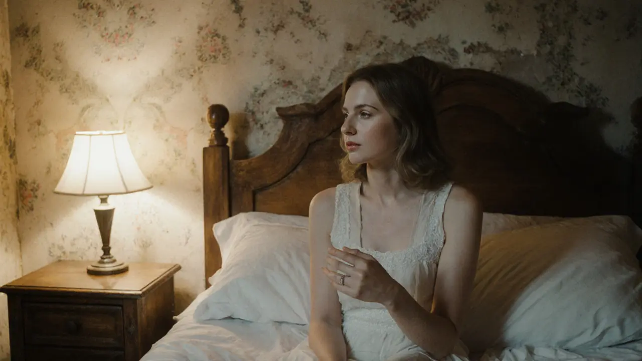 Cora speaking tenderly to her lover on a bed, tears on her cheeks, warm ambient light, no music, raw emotional intimacy.