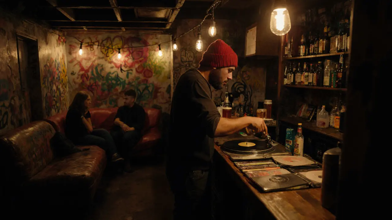 Cozy basement bar with vinyl player, red-beanie bartender, and patrons chatting in low light.