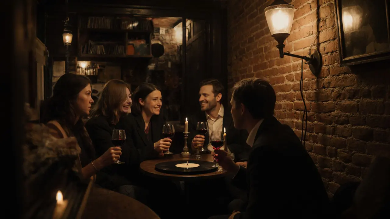 Cozy candlelit basement bar with vinyl records and quiet conversation, no phones, warm amber glow.