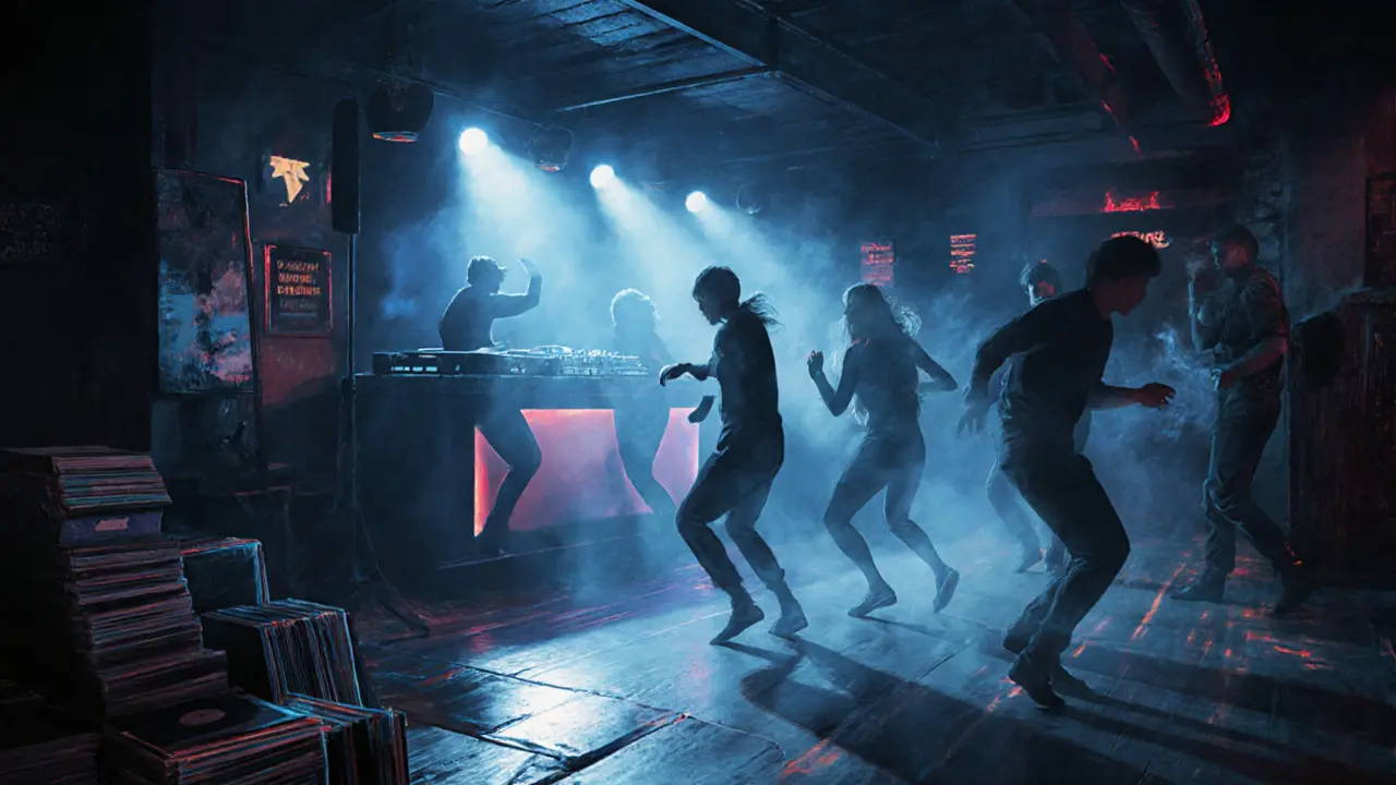 Dancers in a dim underground club, bass vibrations visible in the air under pulsing strobe lights.