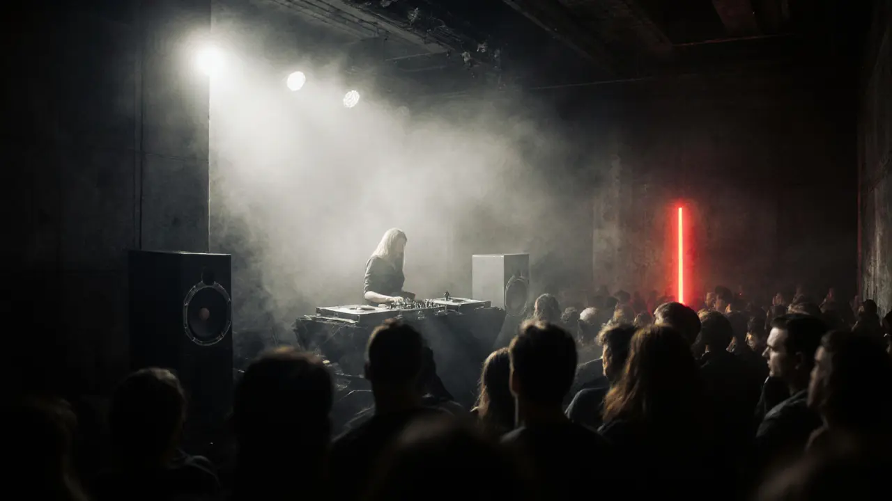 Dark techno club interior with industrial walls, fog, and a DJ under dramatic red lighting.