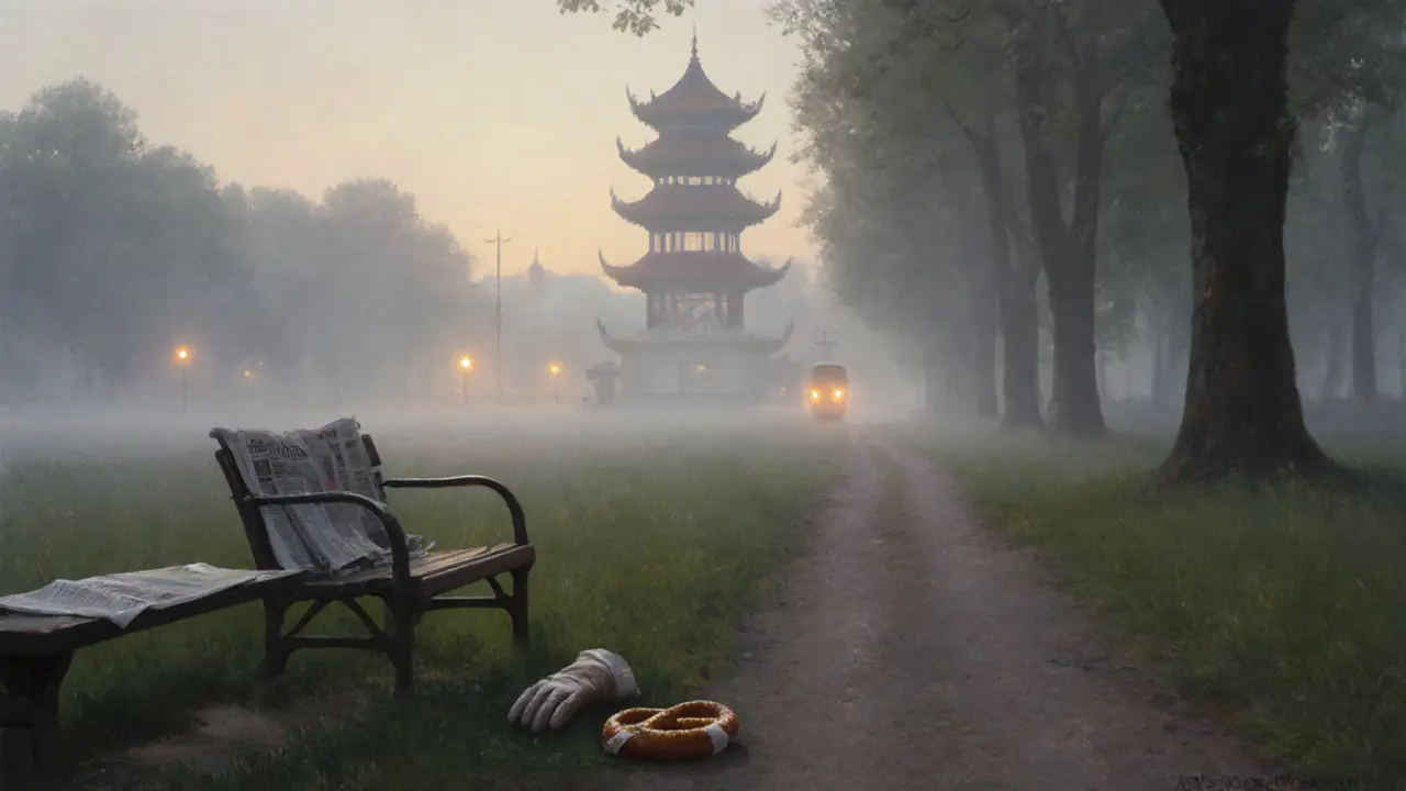 Dawn in the Englischer Garten: a pretzel rests on a worn bench beside an empty chair, mist rising from the grass.