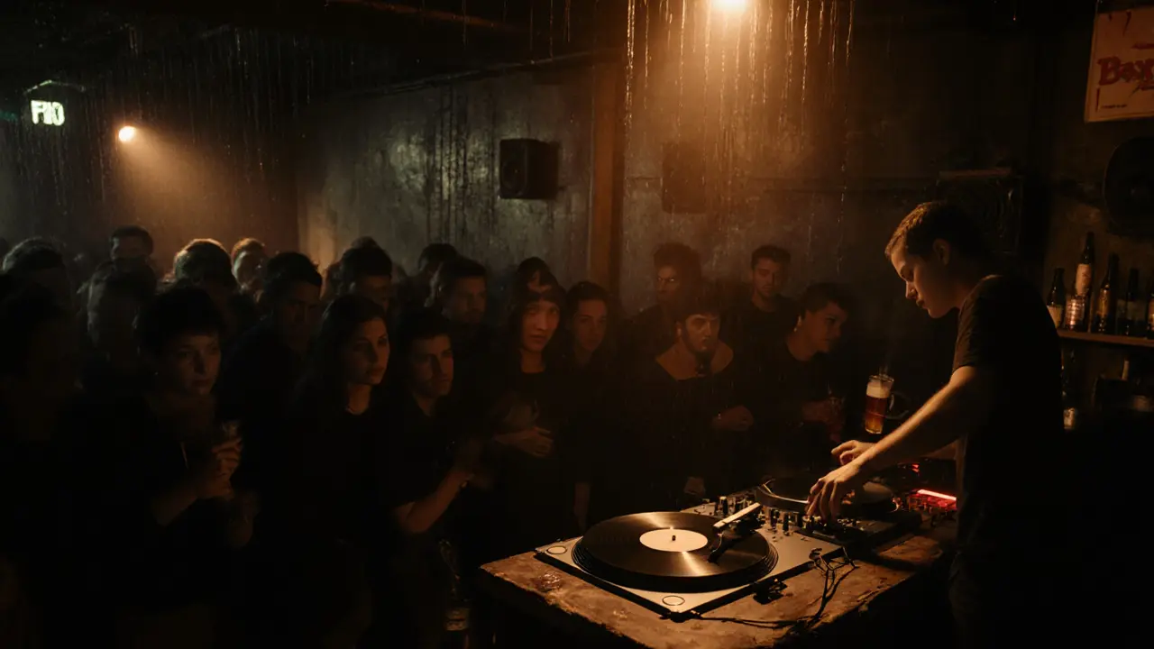 Dimly lit underground club with a DJ spinning vinyl and a crowd lost in techno music.