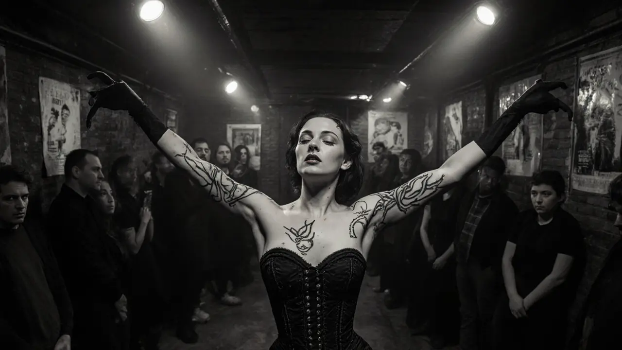 Dirty Tina in a dark basement club, posed like a sculpture, with painted scars and a corseted silhouette under a single spotlight.