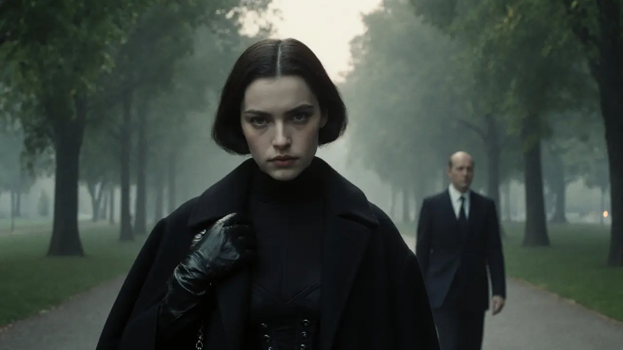 Dirty Tina walking through a misty Munich park at dawn, gloved and masked in makeup, her presence stark against quiet nature.