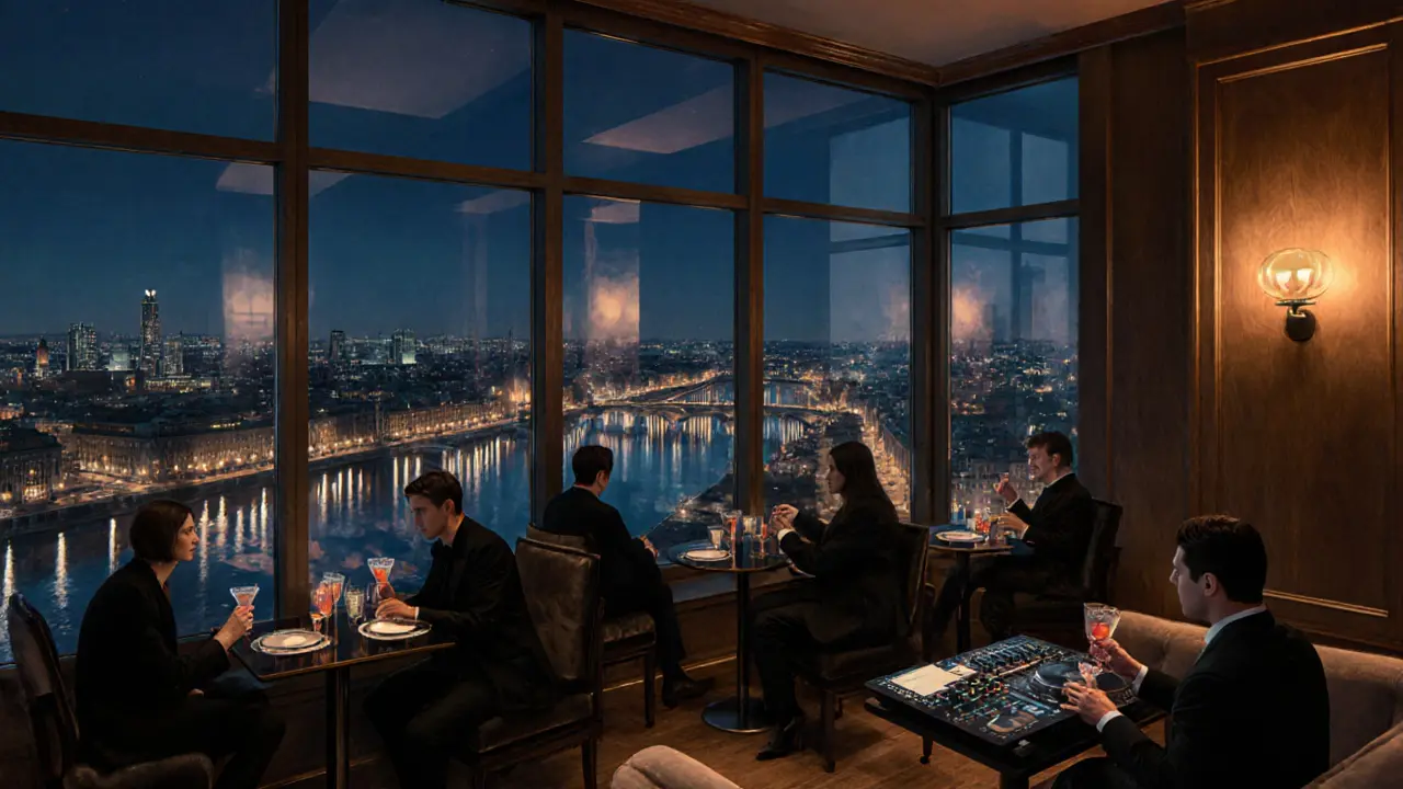 Elegant patrons at Club 23 enjoying cocktails with a view of Munich&#039;s skyline at night, soft lighting and velvet furnishings.