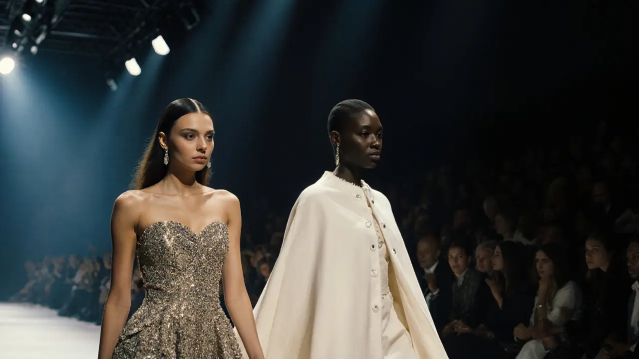 Gigi Hadid and Adut Akech walking confidently together on a runway.
