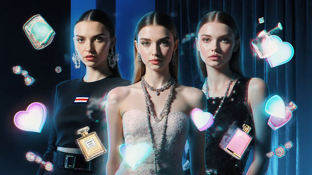 Gigi Hadid, Kaia Gerber, and Bella Hadid posing together with floating beauty and fashion brand icons around them.