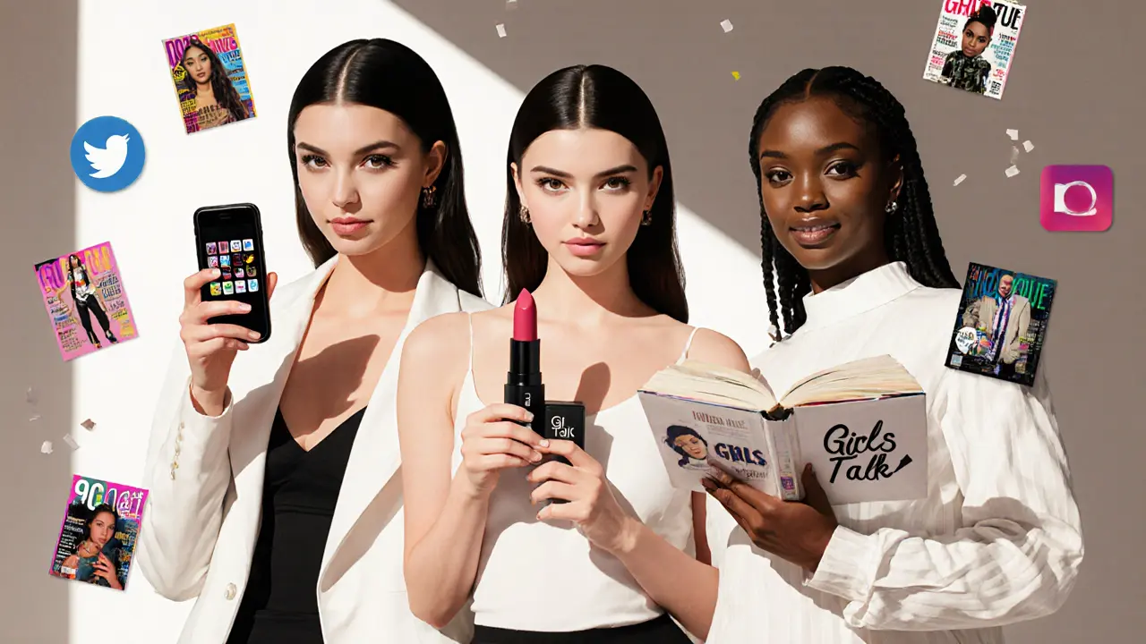 Gigi Hadid, Kendall Jenner, and Adwoa Aboah standing together with symbols of modern influence.