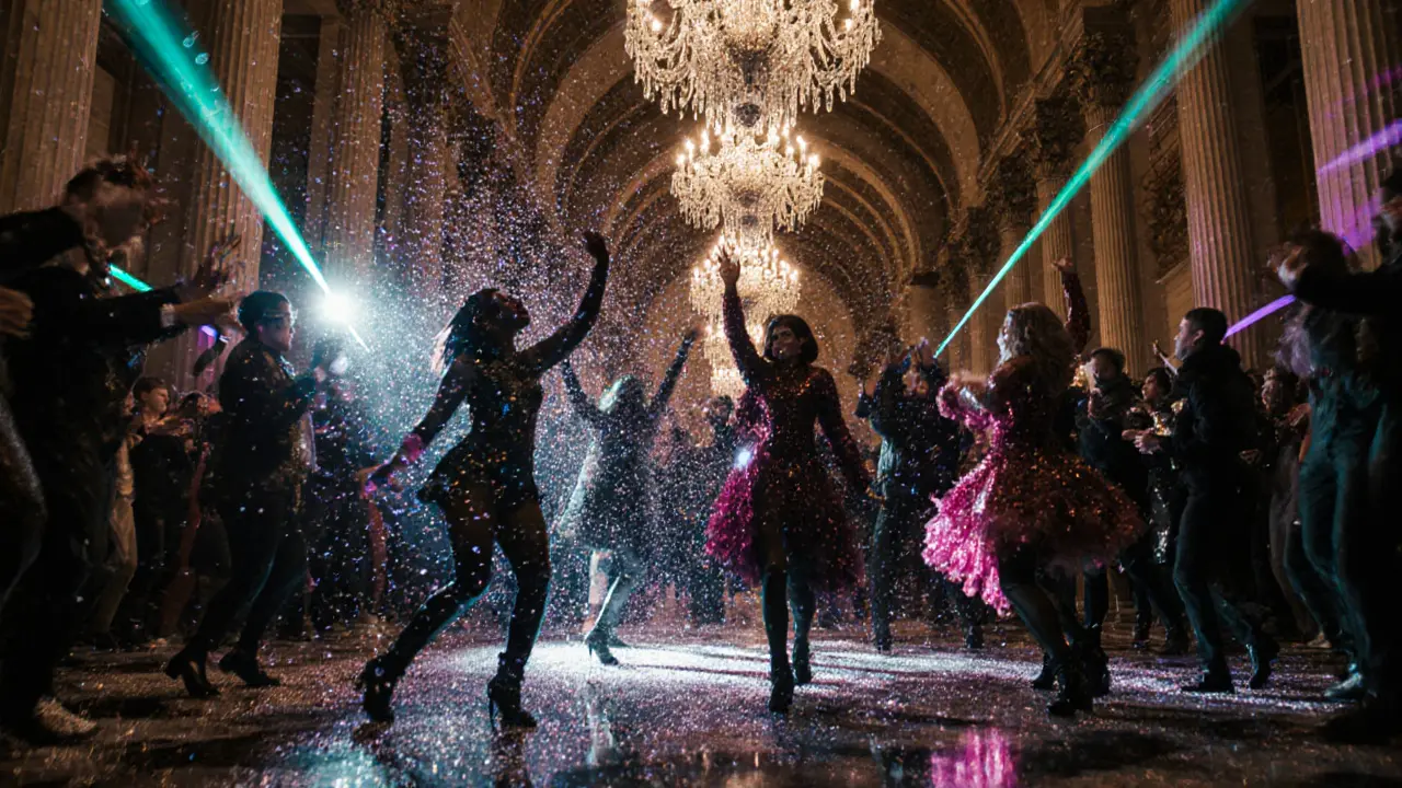 Glitter and lasers dancing under chandeliers at a queer nightclub, silhouettes moving in colorful light.