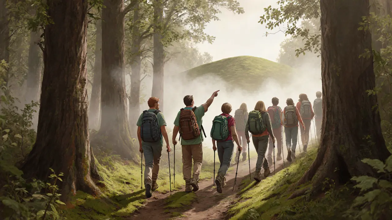 Group of hikers walking a forest trail near Grünwald, no phones, morning mist.