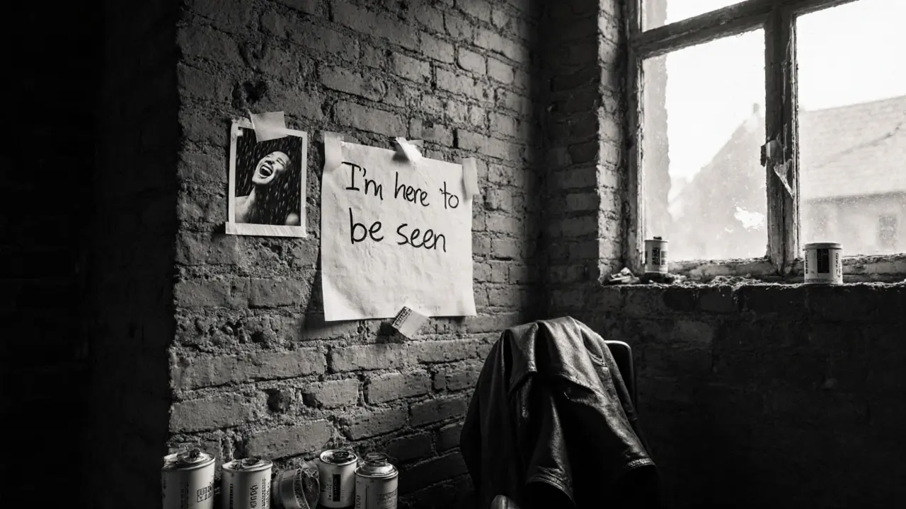 Handwritten note on brick wall: &#039;I’m here to be seen,&#039; surrounded by film canisters and a leather jacket.