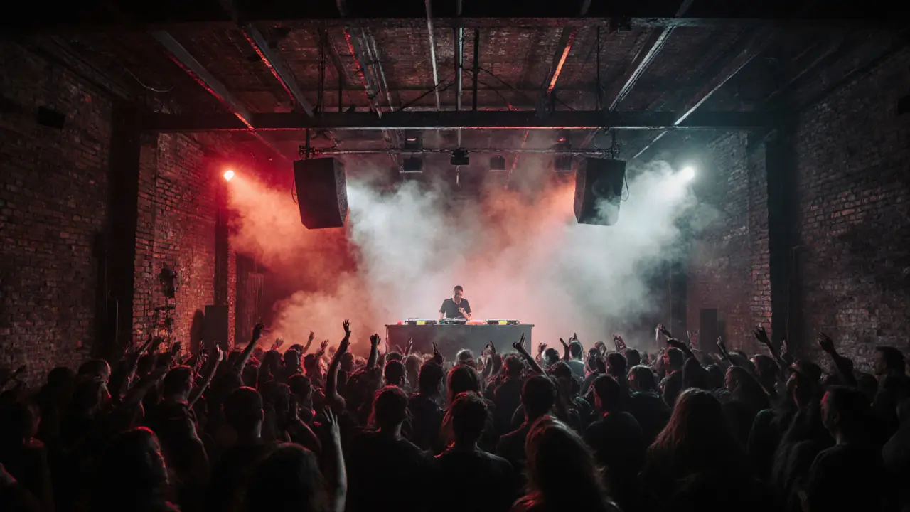Industrial club interior with strobing lights and dancers, massive speakers, fog, and exposed brick walls under intense techno beats.