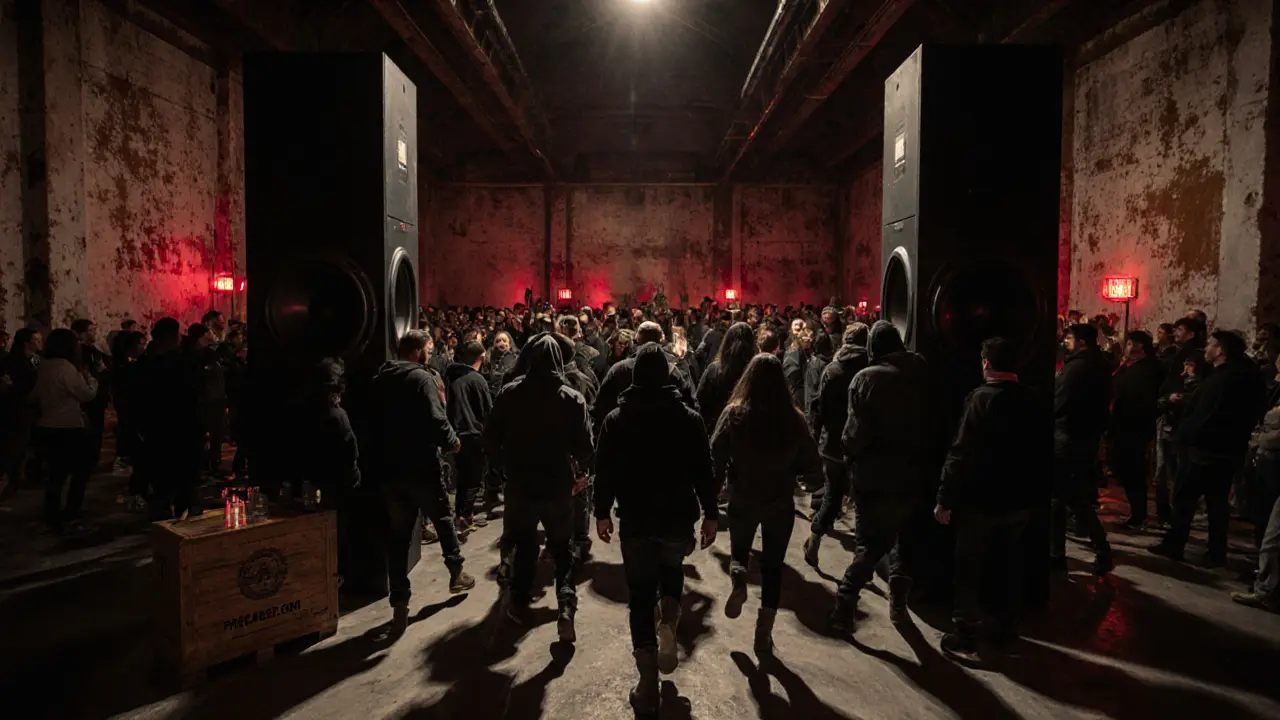 Industrial club with concrete walls and people moving to powerful bass, earplugs visible at the entrance.