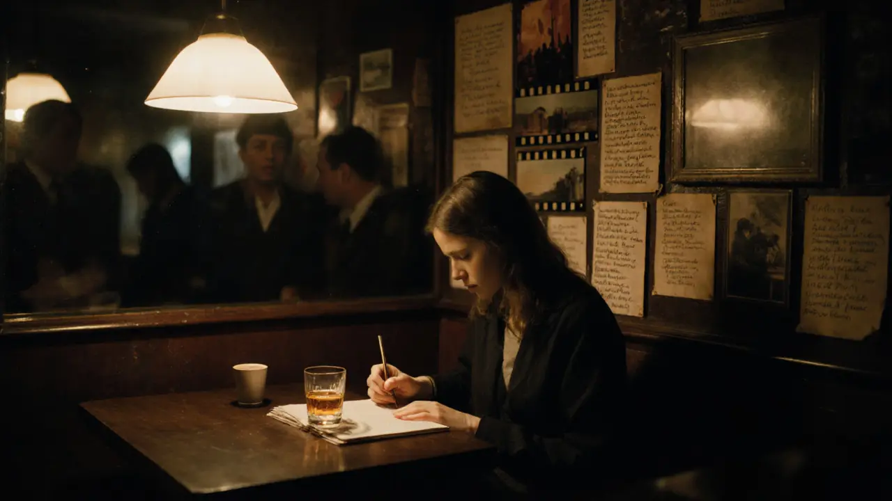 Inside a dim underground bar, a woman sketches in a notebook surrounded by film stills and poetry, warm light casting soft shadows.