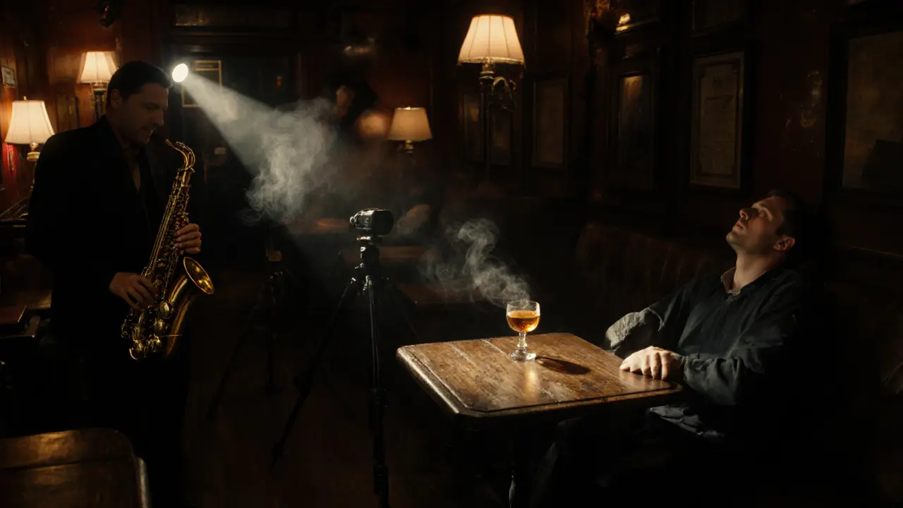 Jazz musician playing in a smoky lounge, spotlight on hands and whiskey glass, soft golden shadows.
