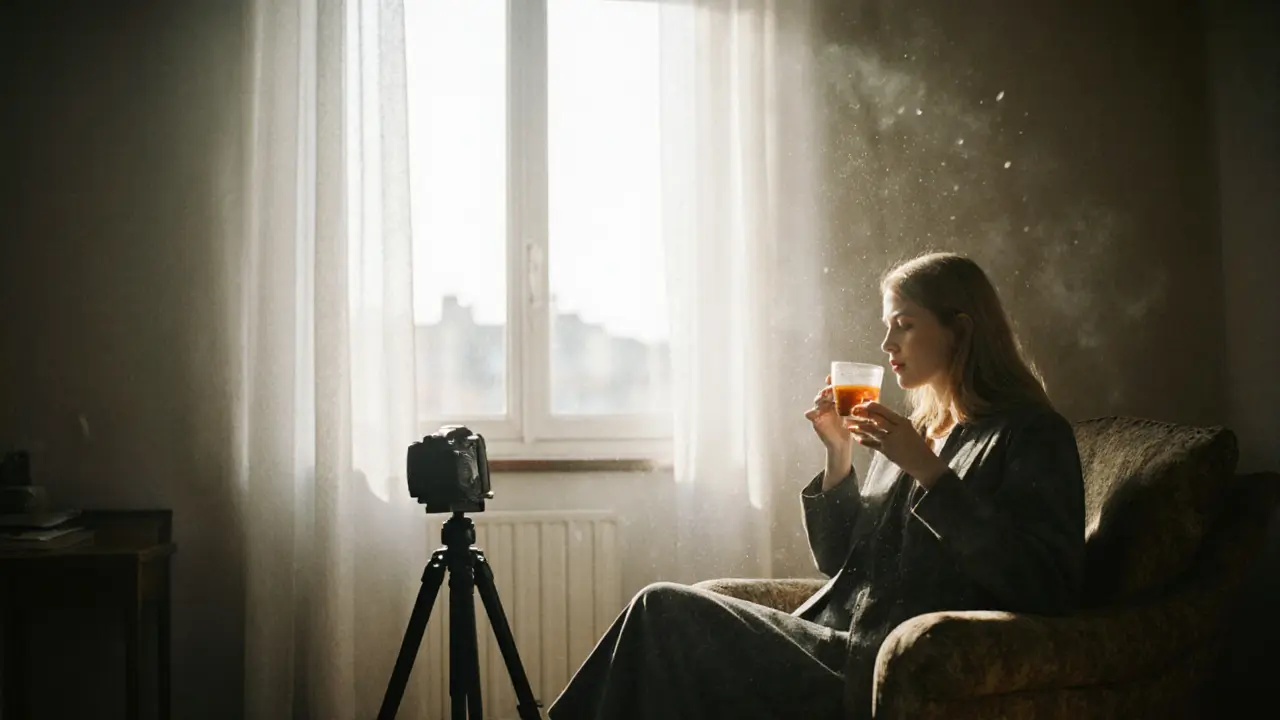 Lilli sits calmly in her apartment, sipping tea beside a camera, natural light streaming through the window.